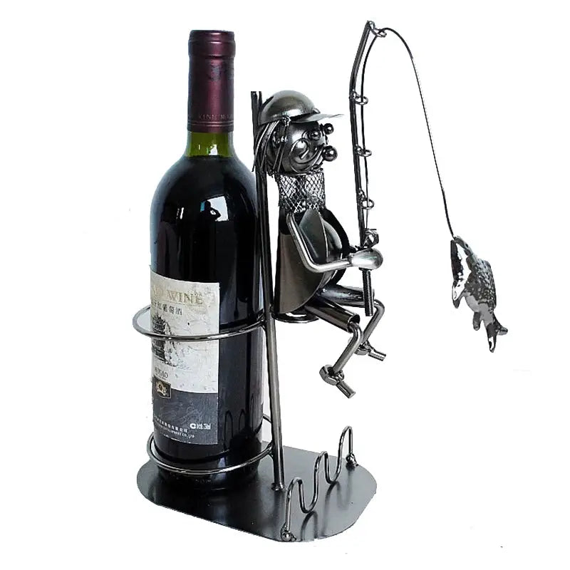 Porte-Bouteille Vin Décoratif 'Pêcheur Sur Pont' - Sculpture Métal - Cadeau Original Avec Carte In Vino Veritas