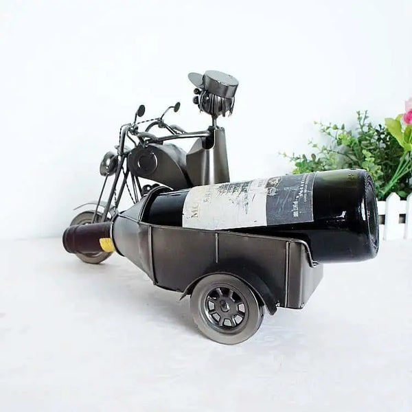 Porte-bouteille moto avec side-car - en bois - Label Emmaüs
